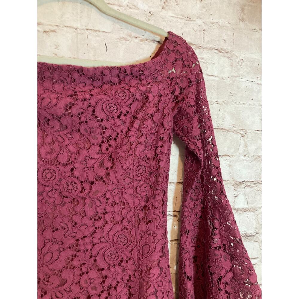 Bardot Lace Dress Womens XS Dark Mauve Midi‎ Bell Sleeve Romantic Off Shoulder - Picture 5 of 14